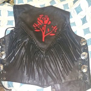 Black Genuine Leather Vest with Red Roses inlaid.